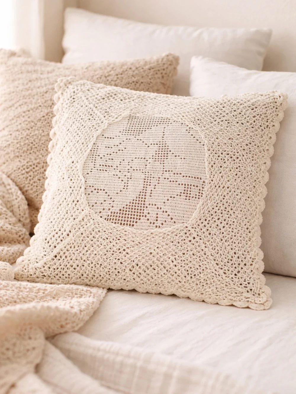 Handmade Crochet Lace Pillow Cover 18x18 Cream Cottagecore Farmhouse